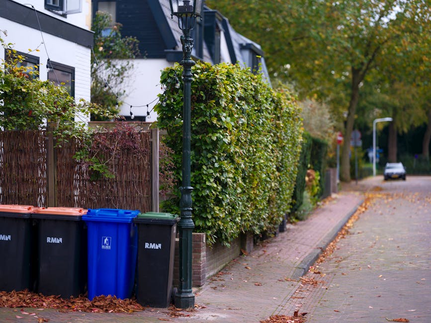 A row of four wheelie bins positioned along a residential street pavement next to a tall, dense hedge. The trash bins include three black bins with orange lids, one blue bin, and a green-lidded bin, all marked with the RMN logo. They are situated near a black decorative lamppost and a wooden fence, with autumn leaves scattered across the concrete sidewalk and curb. The street curves gently into the distance, lined with trees bearing autumn foliage, and a parked silver car is visible further along the road. The scene depicts typical urban waste disposal arrangements, which may involve private rubbish collection services like Waste Disposal Kensington, offering an alternative to traditional local authority collection for residents seeking on-site or independent rubbish removal solutions.